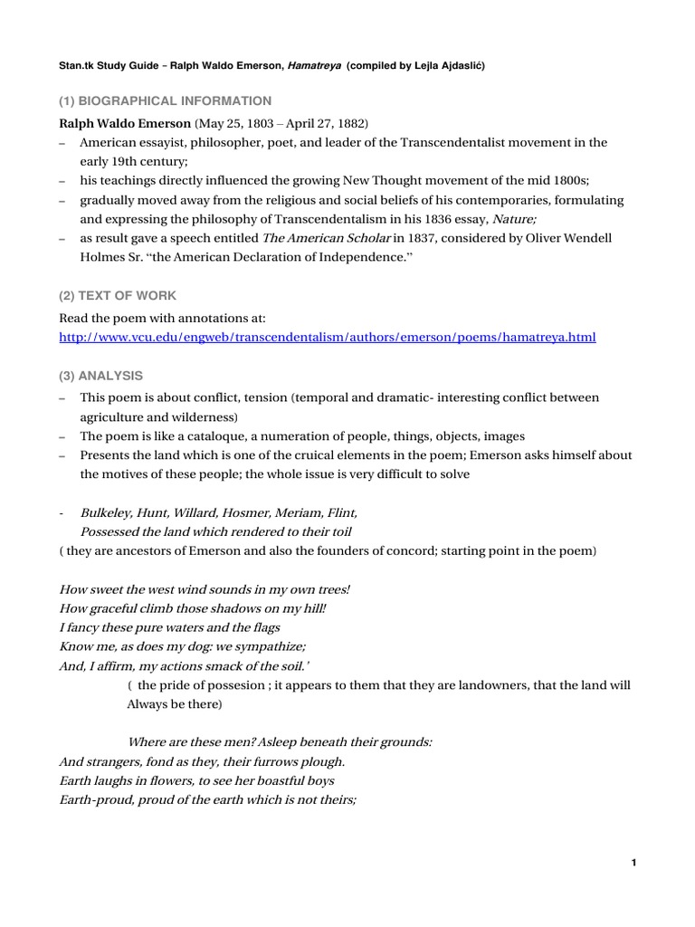 Emerson Hamatreya SG PDF Ralph Waldo Emerson Transcendentalism