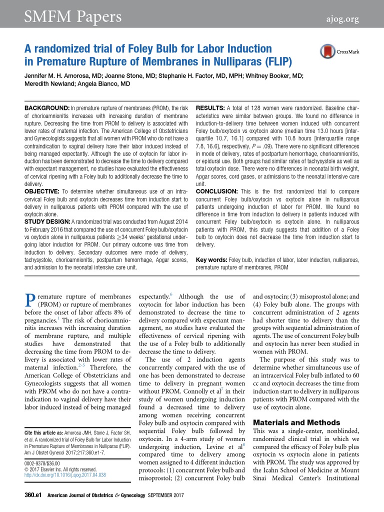A RCT of Foley Bulb for Labor Induction in PROM Childbirth Preterm