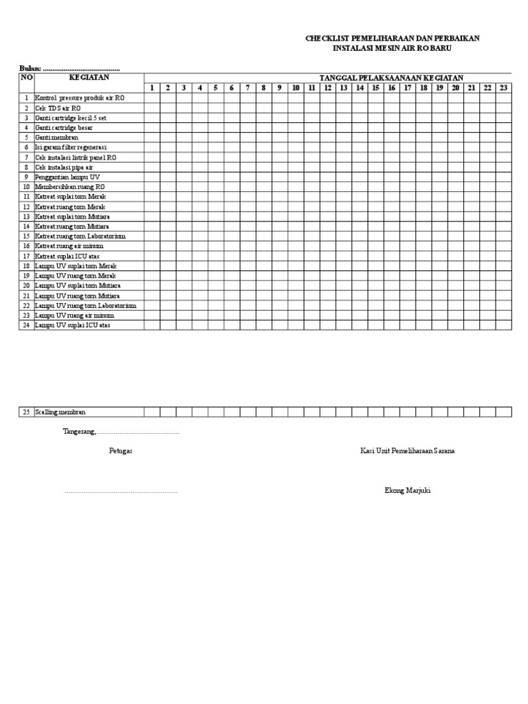 Checklist Pemeliharaan Mesin Air RO | PDF | Teknologi & Rekayasa