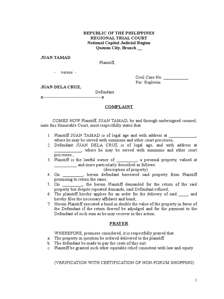 Petition For Replevin PDF Plaintiff Lawsuit