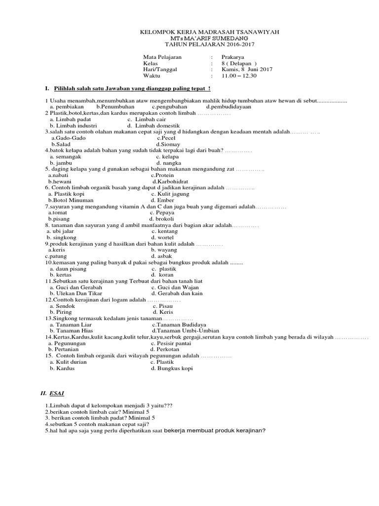 Soal Prakarya Kelas 9 Semester 1 Dan Kunci Jawaban Budidaya