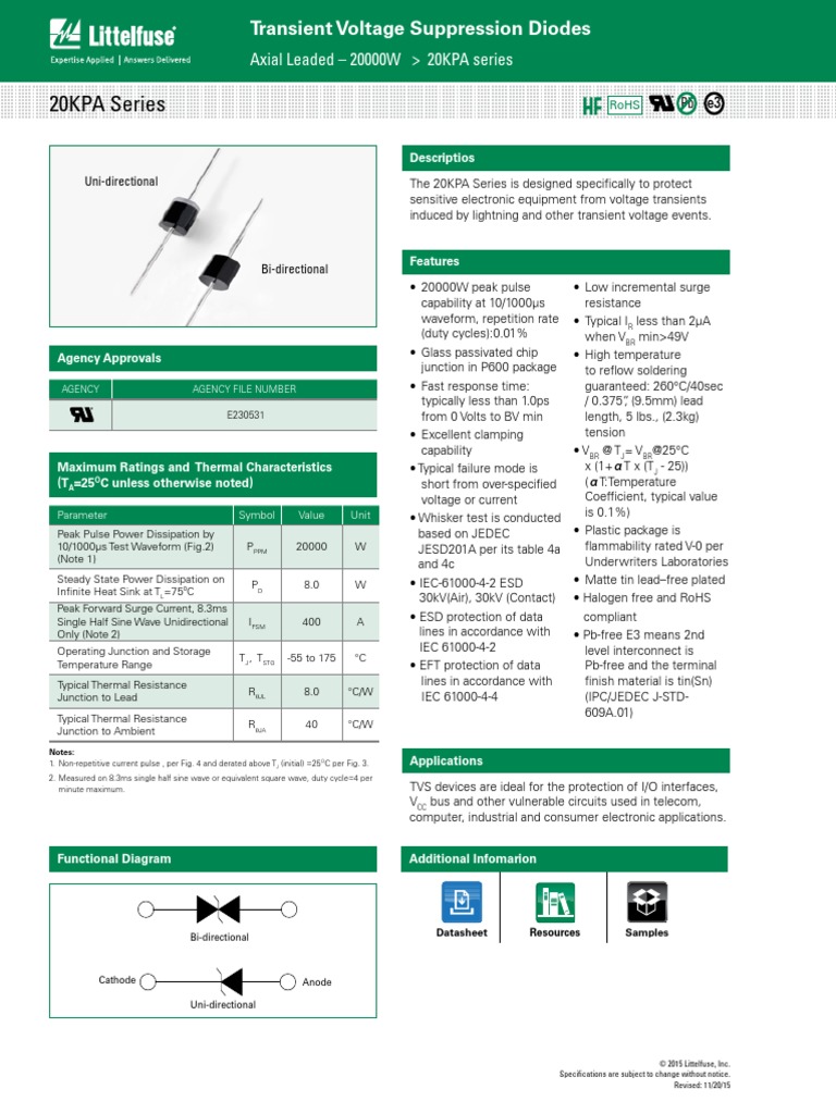 Littelfuse TVS Diode 20KPA Datasheet pdf369791 PDF Diode