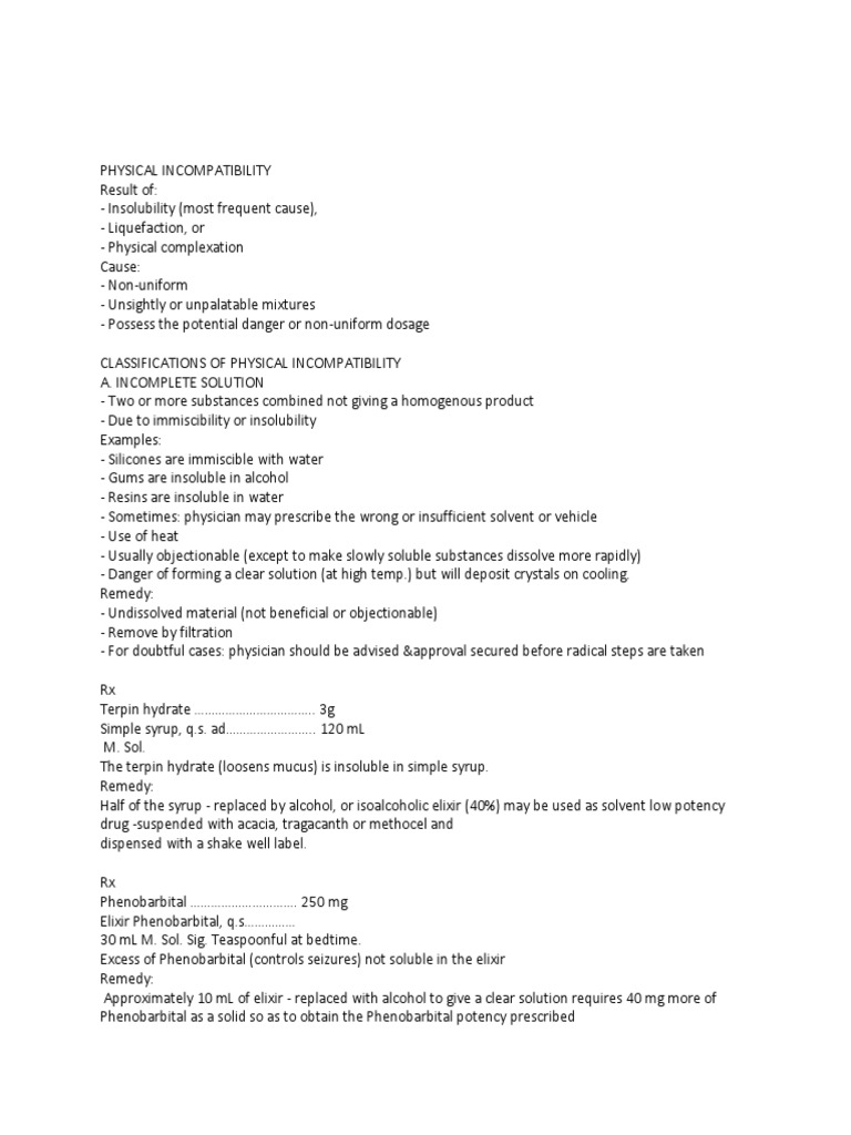 Physical Incompatibility | PDF | Solution | Precipitation (Chemistry)