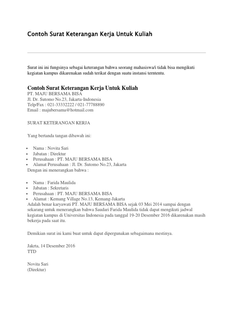 Contoh Surat Keterangan Kerja Untuk Kuliah Ekstensi