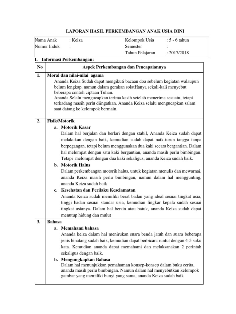 Laporan Hasil Perkembangan Anak Usia Dini Pdf