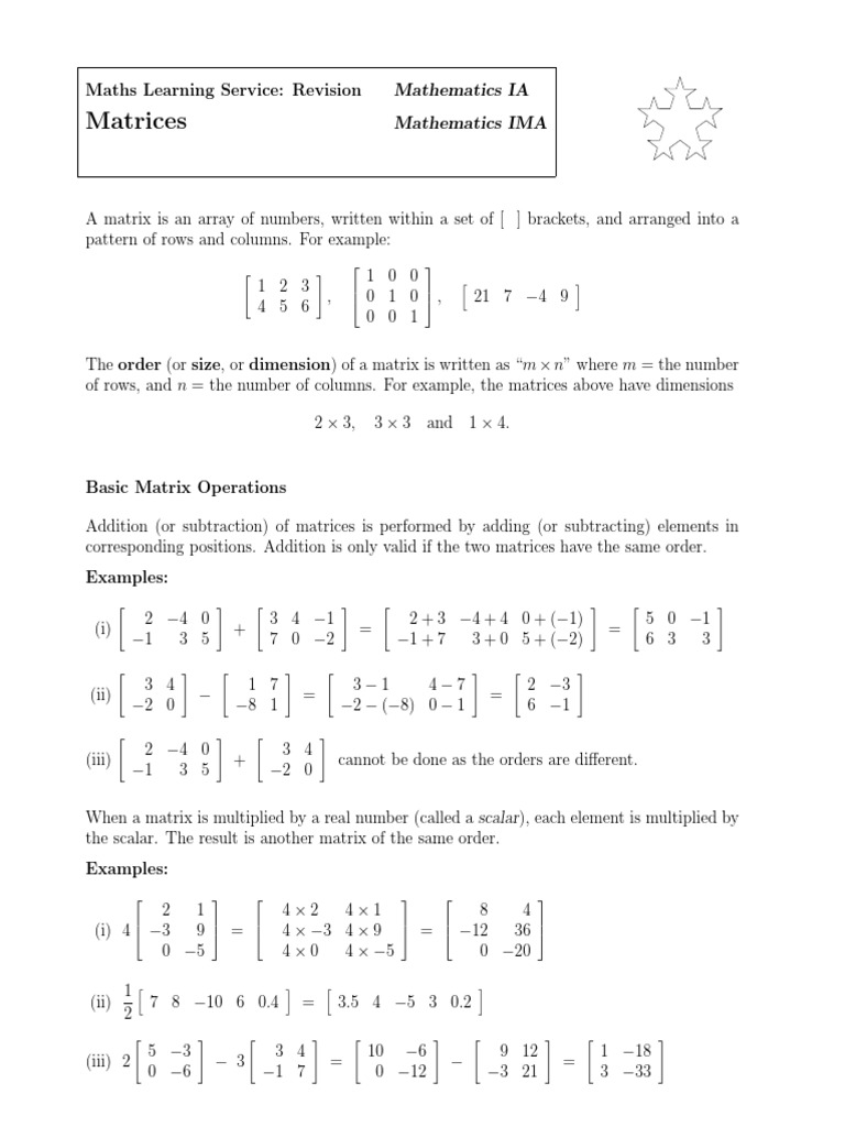 Matrices inverses Revision Matrix (Mathematics) Determinant