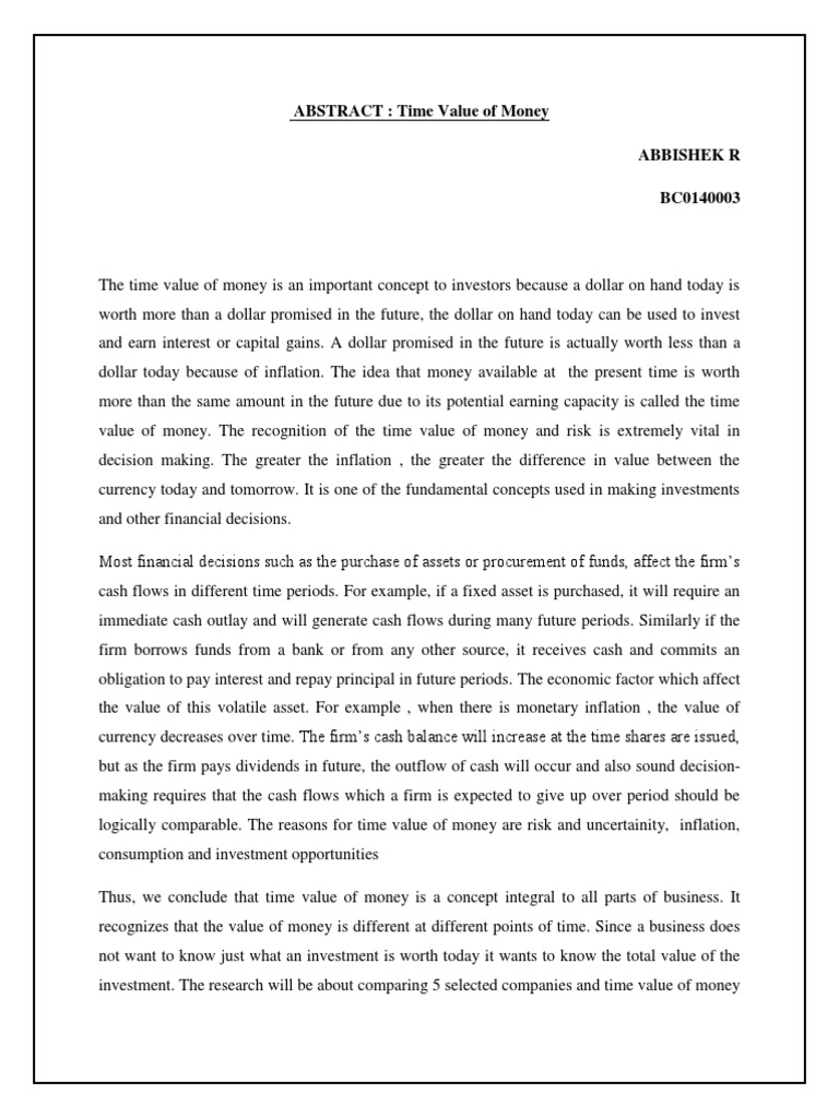 ABSTRACT: Time Value of Money Abbishek R BC0140003 | PDF | Time Value ...