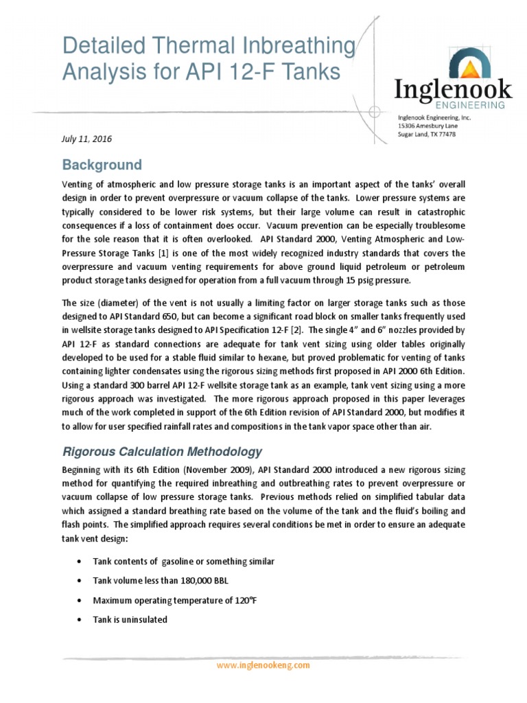 Thermal Inbreathing Analysis for API 12-F Tanks | PDF | Heat Transfer ...
