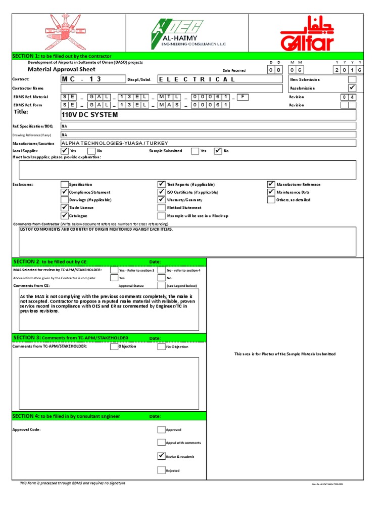 Material Approval Sheet M C 1 3 Section 1 Specification (Technical