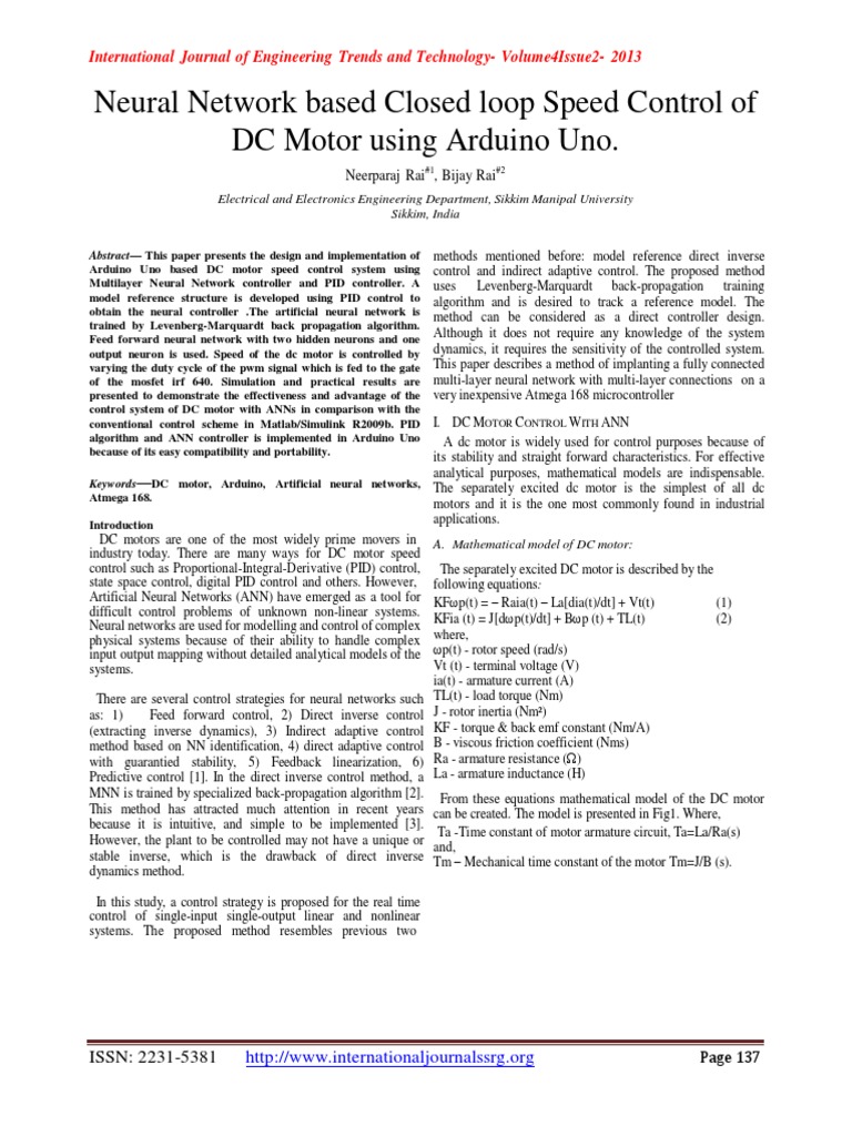 Neural Network Based Closed Loop Speed Control of DC Motor Using Arduino Uno PDF Artificial