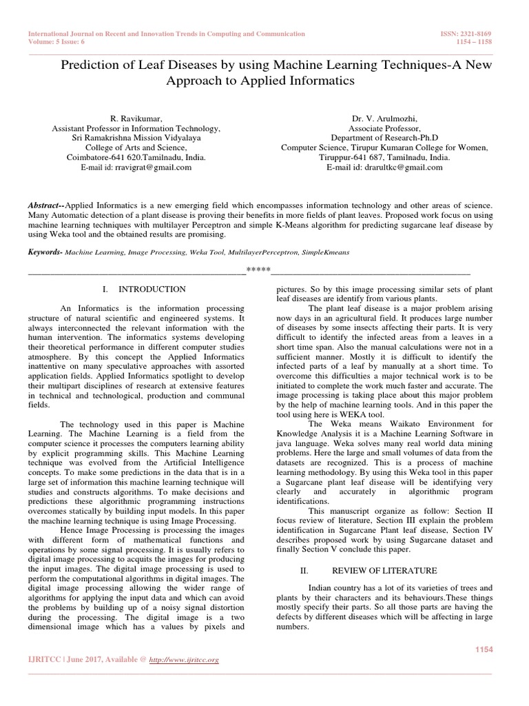 Prediction of Leaf Diseases by using Machine Learning