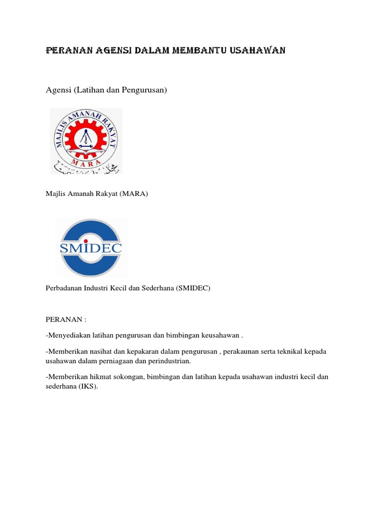 Peranan Agensi Dalam Membantu Usahawan Pdf