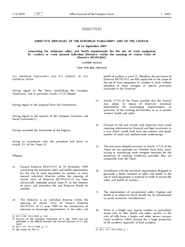EU Directive 2009/104 on Work Equipment Safety | PDF | Directive ...