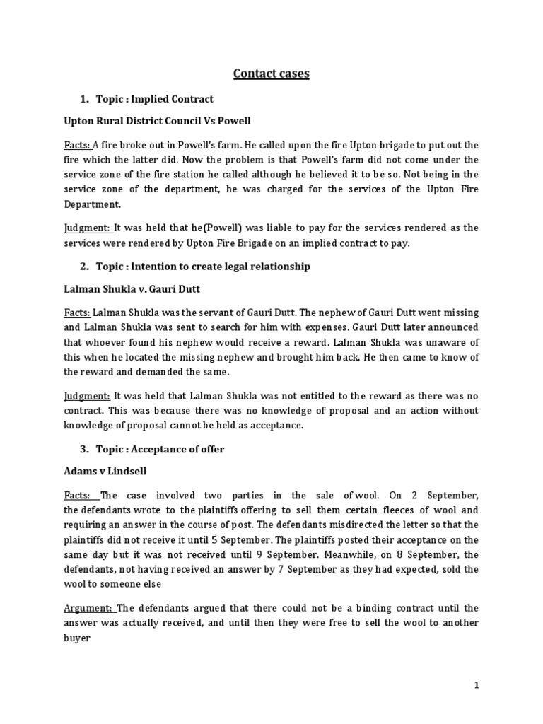 Contract Case Summaries Offer And Acceptance Civil Law (Legal System)