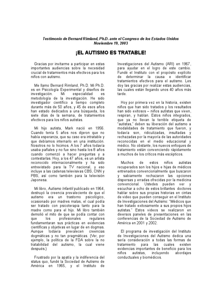 Rimland, Bernard. El Autismo Es Tratable. Testimonio | PDF | Autismo ...