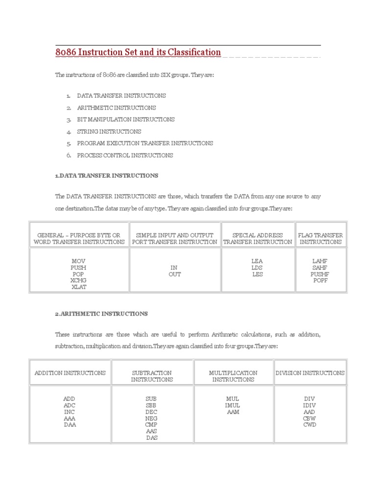 8086 Instruction Set Classification | PDF | String (Computer Science ...