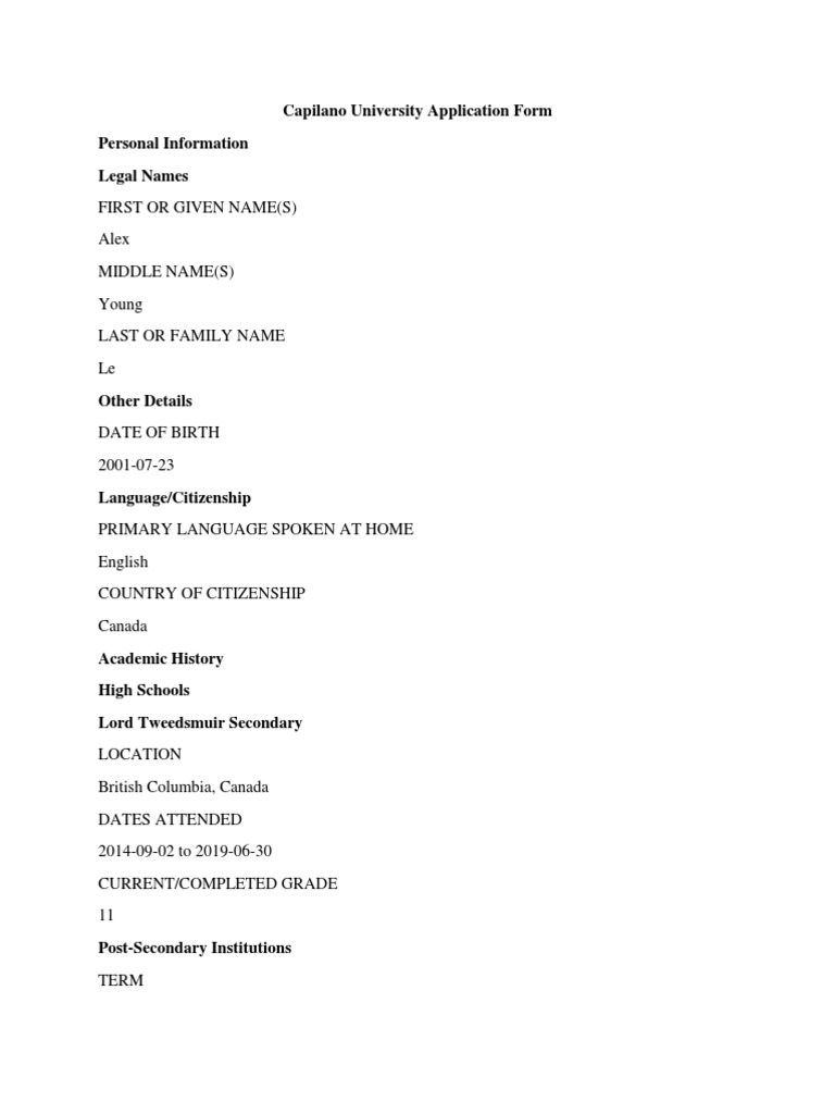 Capilano University Application Form PDF