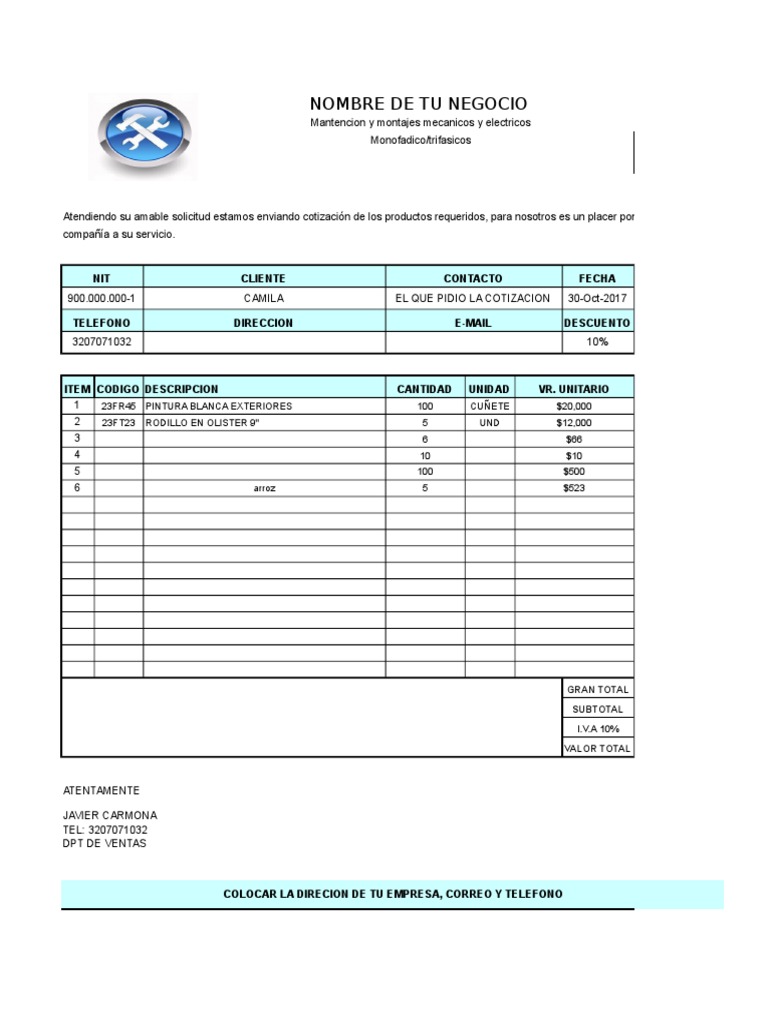 Formatocotizacion (excel) Negocios