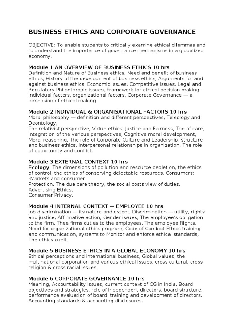 11 Business Ethics Syllabus PDF Business Ethics Corporate Governance