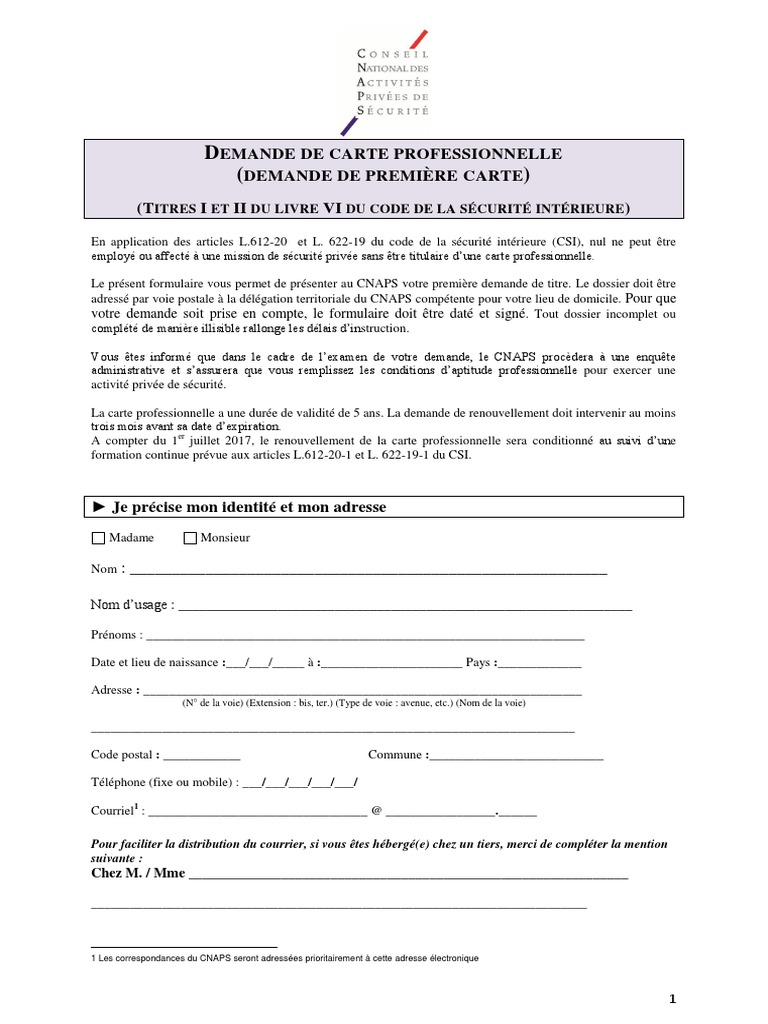Formulaire Premiere Demande Carte Pro Cnaps | Certification