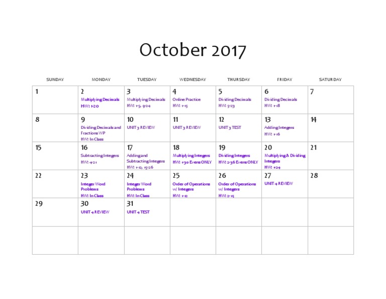 October 2017 Math Homework Schedule | PDF