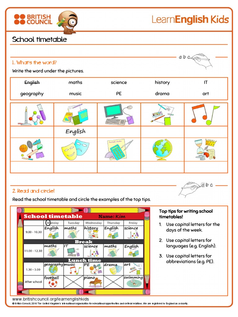 Writing practice school timetable worksheet pdf English Language