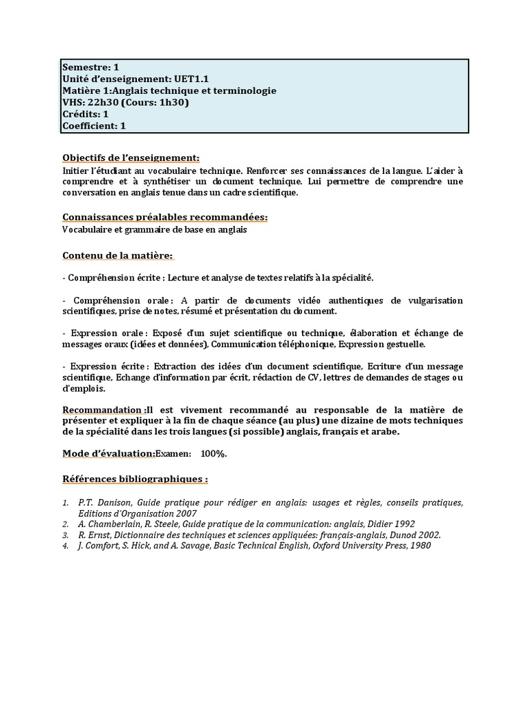 Anglais Technique : Cours et Objectifs | PDF