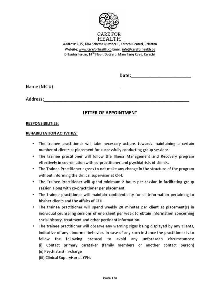 Appointment Letter Trainee Practitioner PDF Clinical Psychology