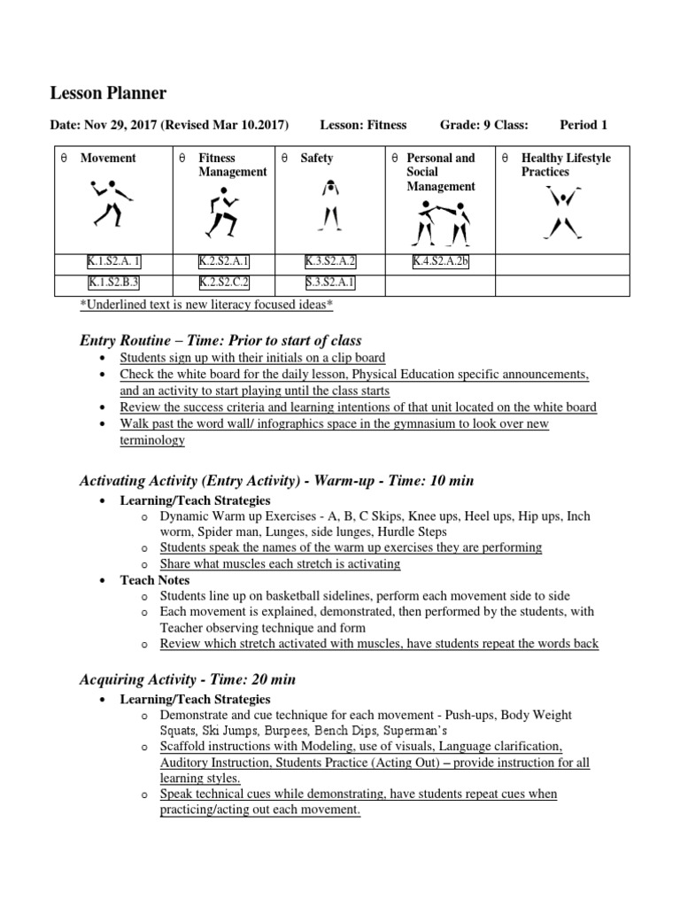Fitness Lesson Plan Good PDF Classroom Literacy