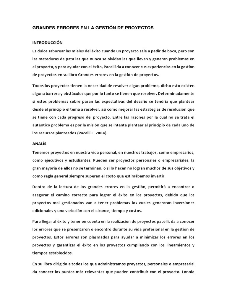 Grandes Errores en La Gestión de Proyectos | PDF | Software | Presupuesto