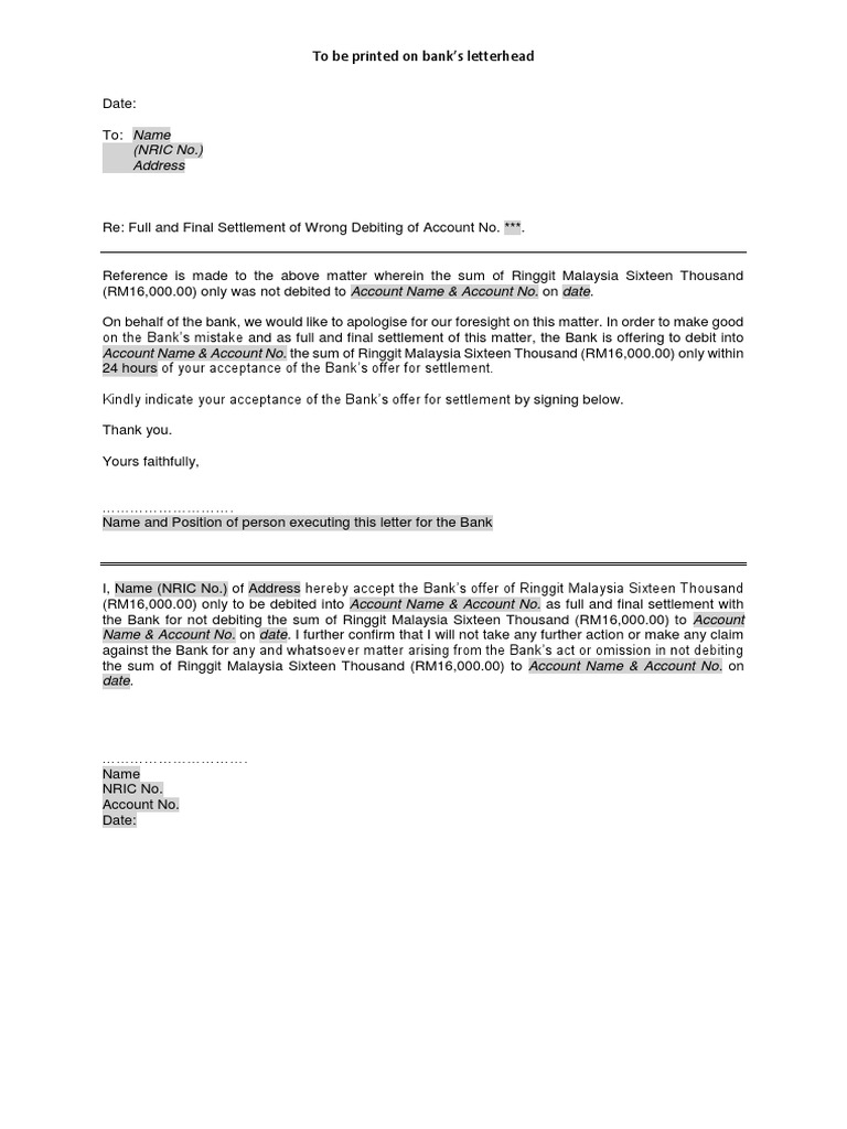 Draft Settlement Letter