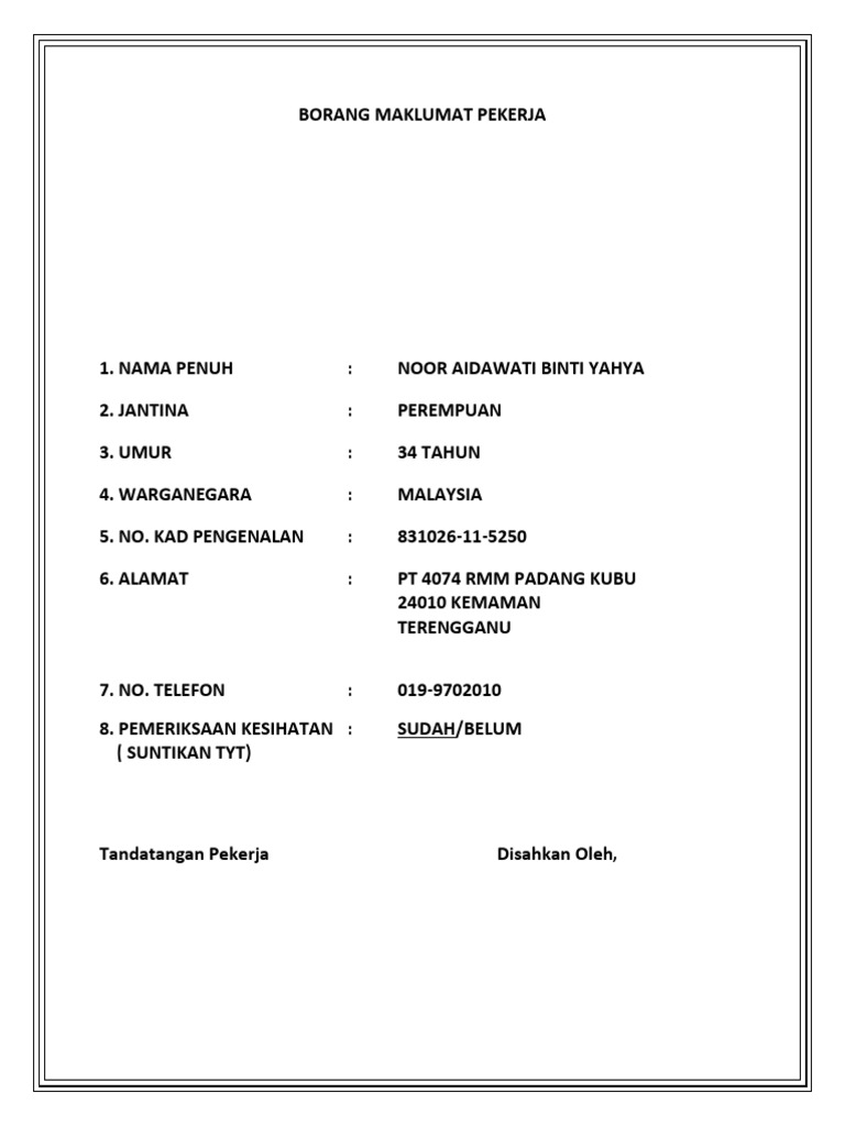 Borang Maklumat Pekerja Pdf