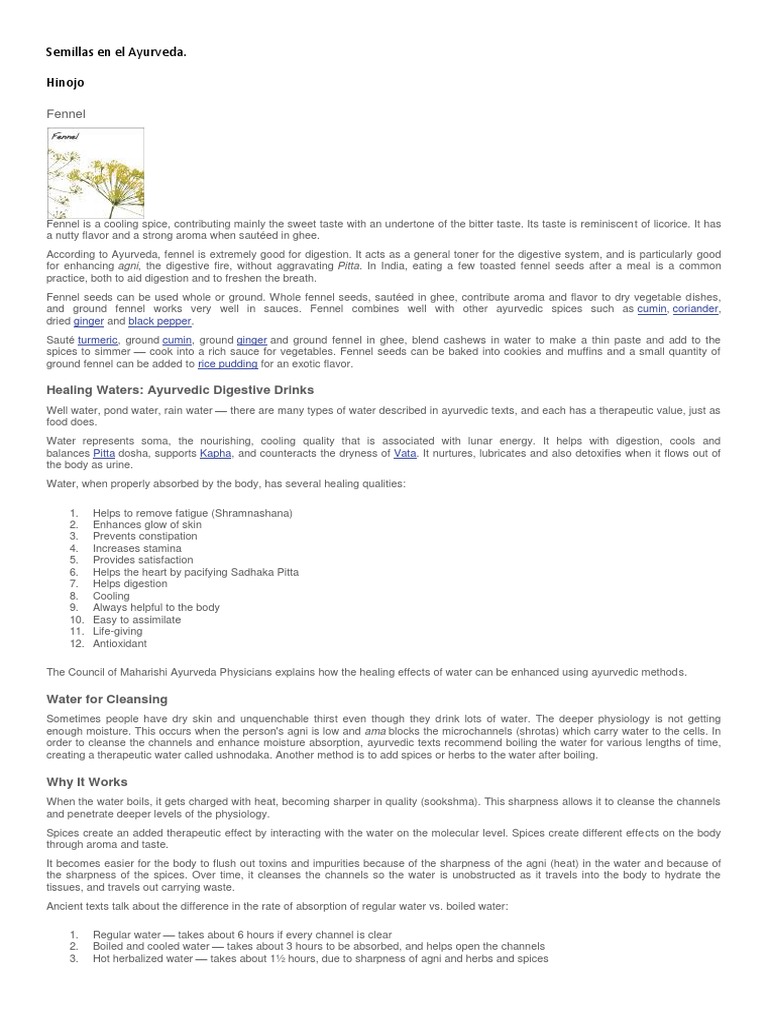 Semillas en El Ayurveda. Hinojo Fennel PDF Fennel Ayurveda