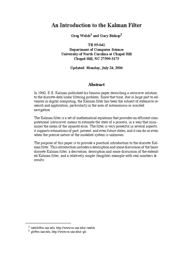 An Introduction To The Kalman Filter - Greg Welch and Gary Bishop | PDF ...