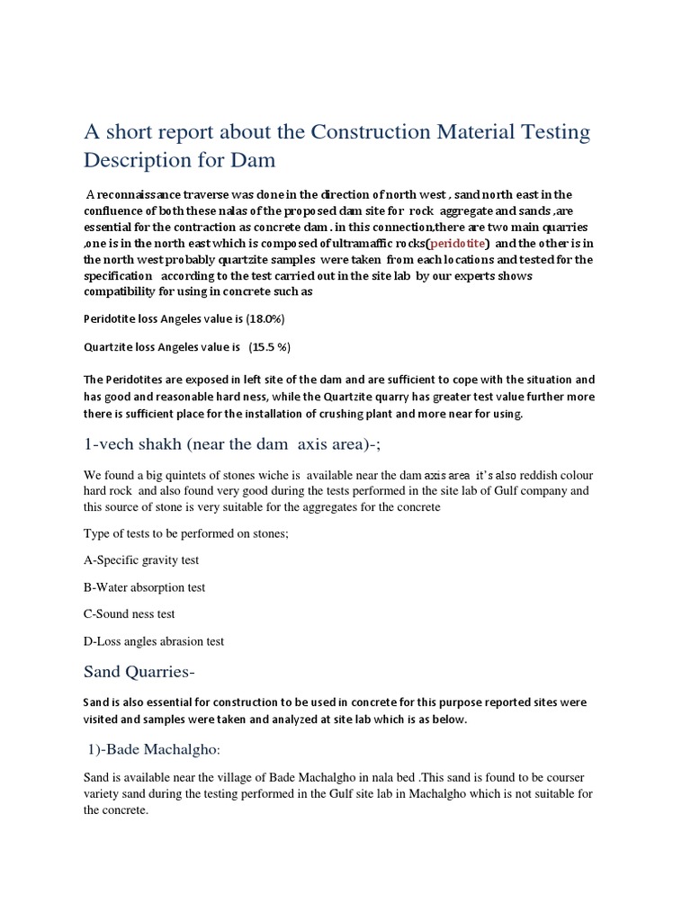 Dam Material Testing Report | PDF | Dam | Concrete