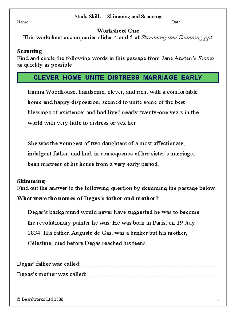 Skimming And Scanning Worksheets