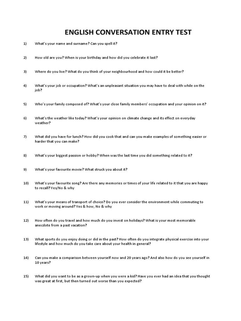 English Conversation Entry Test Questions | PDF | Career & Growth ...