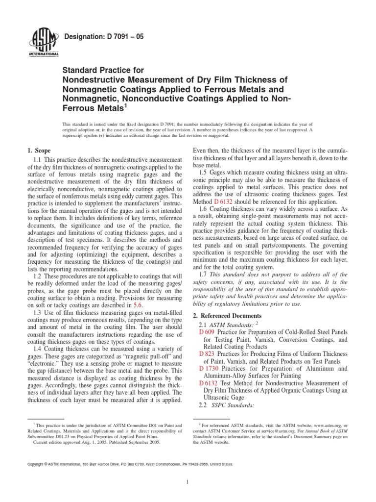 ASTM D7091-05 DFT of Non Magnetic Coatings To Ferrous Metals | PDF 