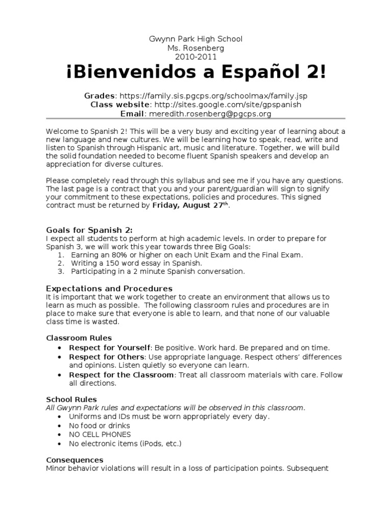 Spanish 2 Syllabus Syllabus Homework
