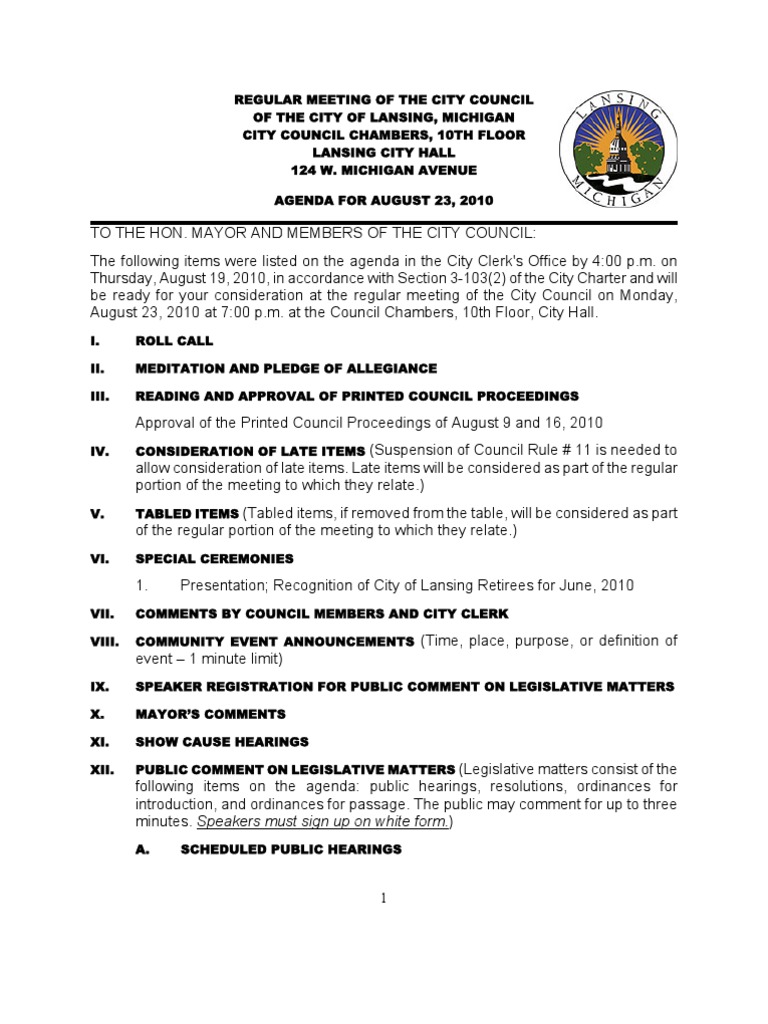 Lansing (MI) City Council Info Packet For Aug. 23 Meeting PDF