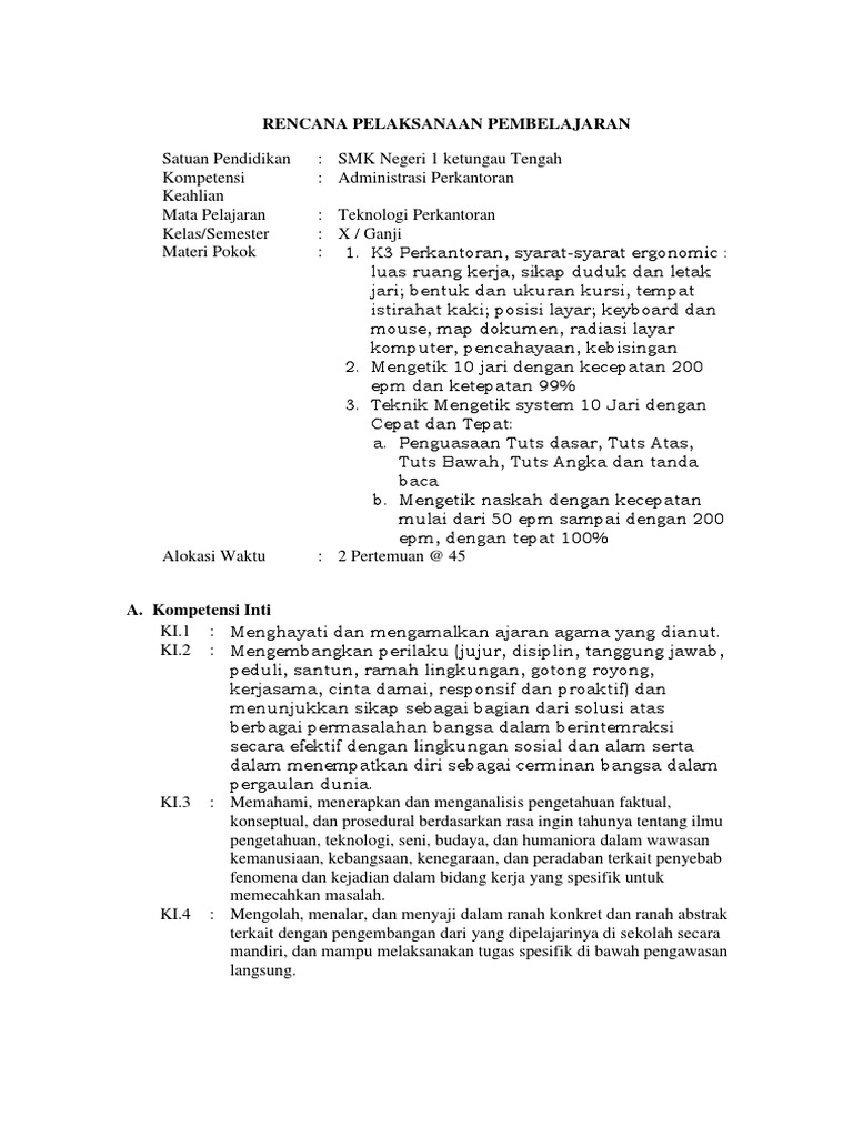 Rpp Produktif Teknologi Perkantoran 1
