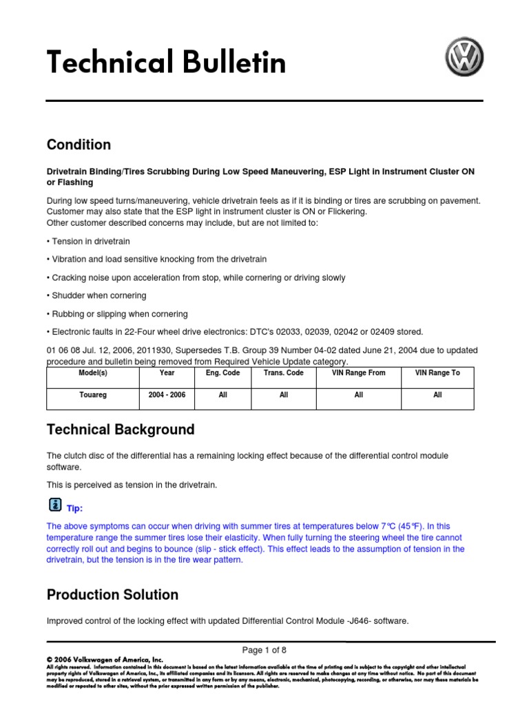 VW tb.01!06!08 Drivetrain Binding, Tires Scrubbing During Low Speed Manuvers PDF Tire