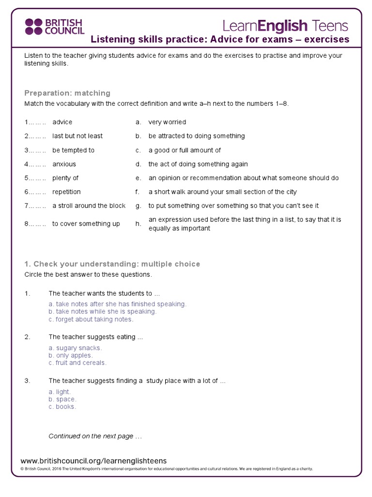 Listening Skills Practice: Advice For Exams - Exercises: Preparation ...