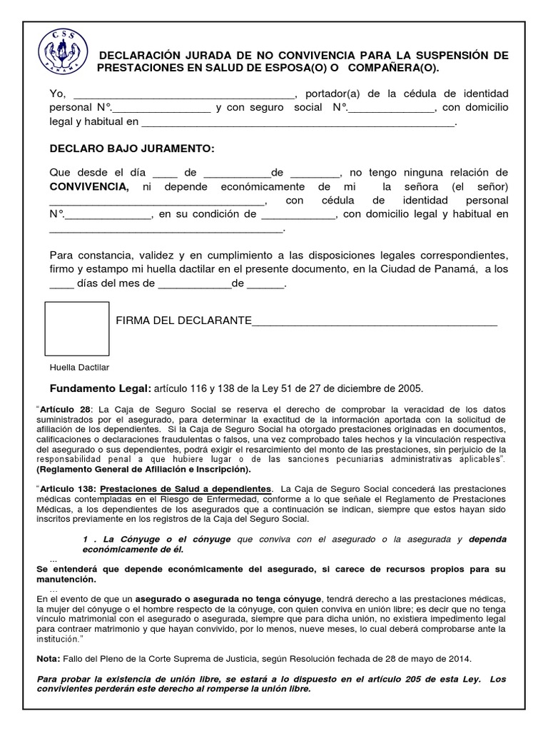 Declaración Jurada de No Convivencia | PDF | Seguro | Matrimonio
