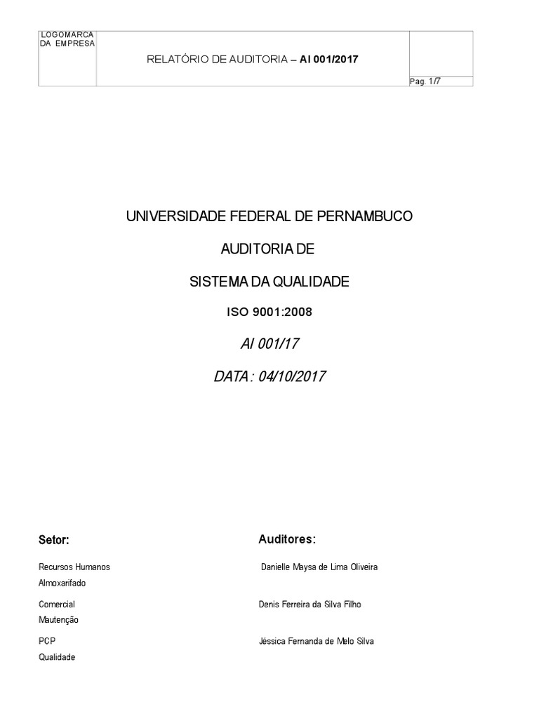 Relatório de Auditoria ISO 9001:2008 | PDF | Auditoria interna ...
