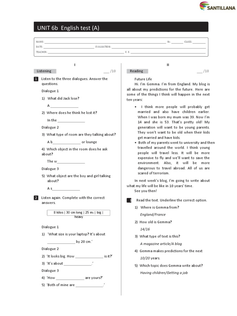 UNIT 6b English Test (A) : Name: Nr. Class: Date: Evaluation: Teacher ...