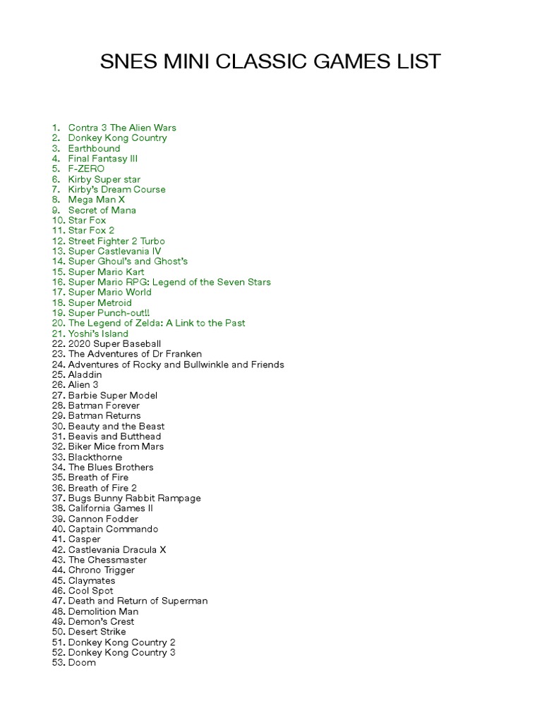 Snes Mini Games List PDF Download Free PDF Video Games Leisure