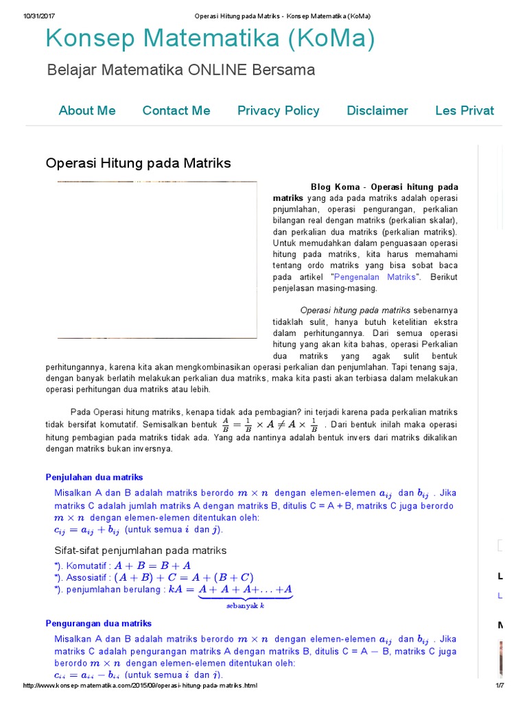 Operasi Hitung pada Matriks Konsep Matematika KoMa pdf Operasi Hitung pada Matriks Konsep Matematika KoMa pdf