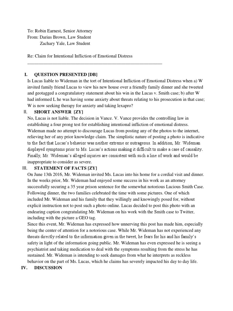 Open Legal Memo Final Draft | PDF | Intentional Infliction Of Emotional ...