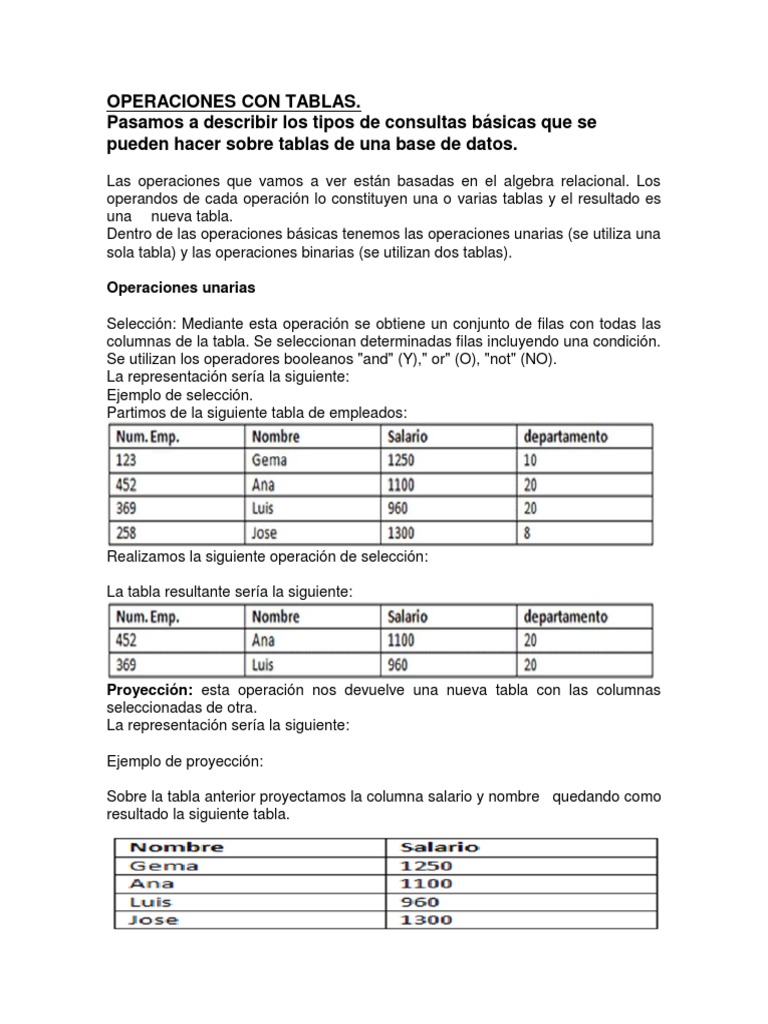 Operaciones Básicas con Tablas de Datos | PDF | Tabla (base de datos ...